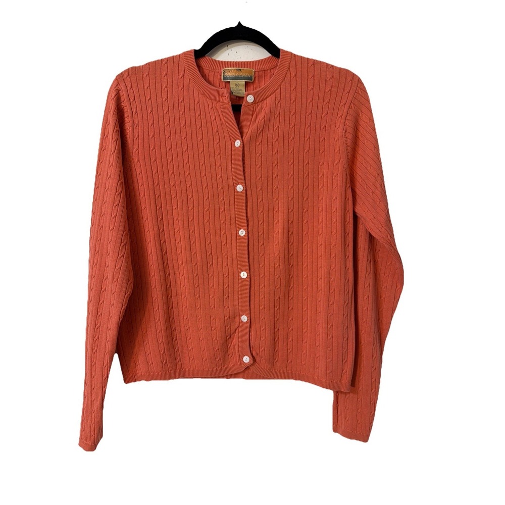 Bobby Chan Orange Cable Knit Silk Button Down‎ Cardigan Size Medium Preppy